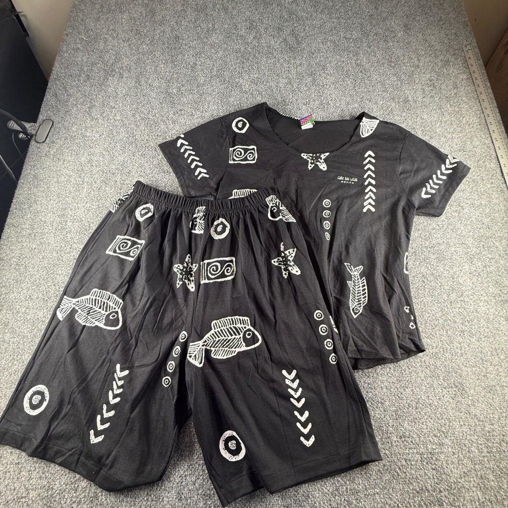 Vintage Arei Cabo San Lucas Mexico Fish Graphic Top and Shorts Set Black XL